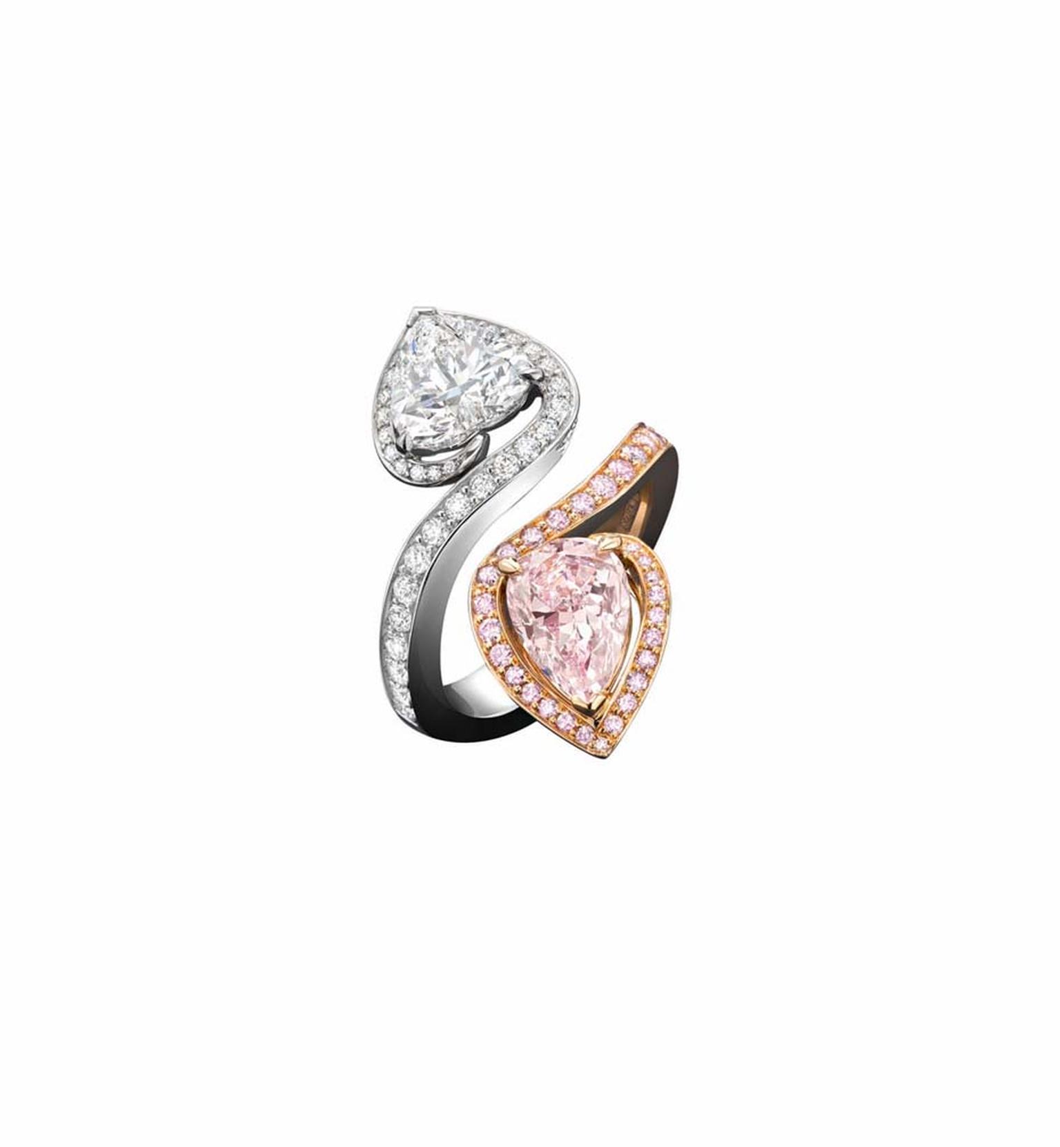 Boodles Gemini collection pink and white diamond heart-shaped ring set in white and pink gold.