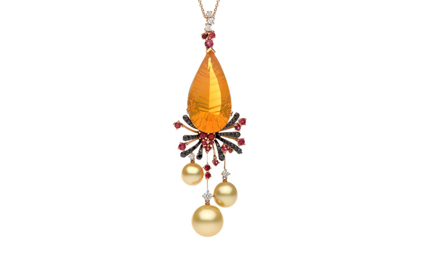 Autore, Fire & Ice Fiery Lava rose gold, South Sea pearl, red spinel, fire opal, and black and white diamond necklace. $65,000 AUD.