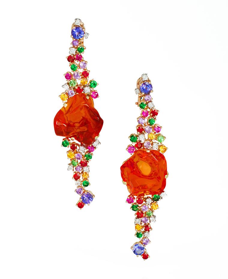 Mauro Felter Path of Flowers yellow and white gold earrings featuring fire opals, rubies, tanzanite, tsavorite, multi-colour sapphires and diamonds.