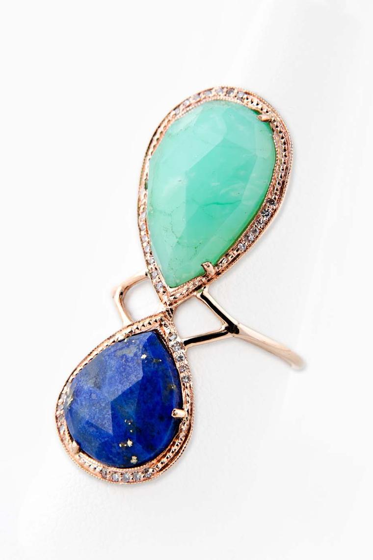 Jacquie Aiche Teardrop ring with pavé diamondsm chrysoprase and lapis lazuli.