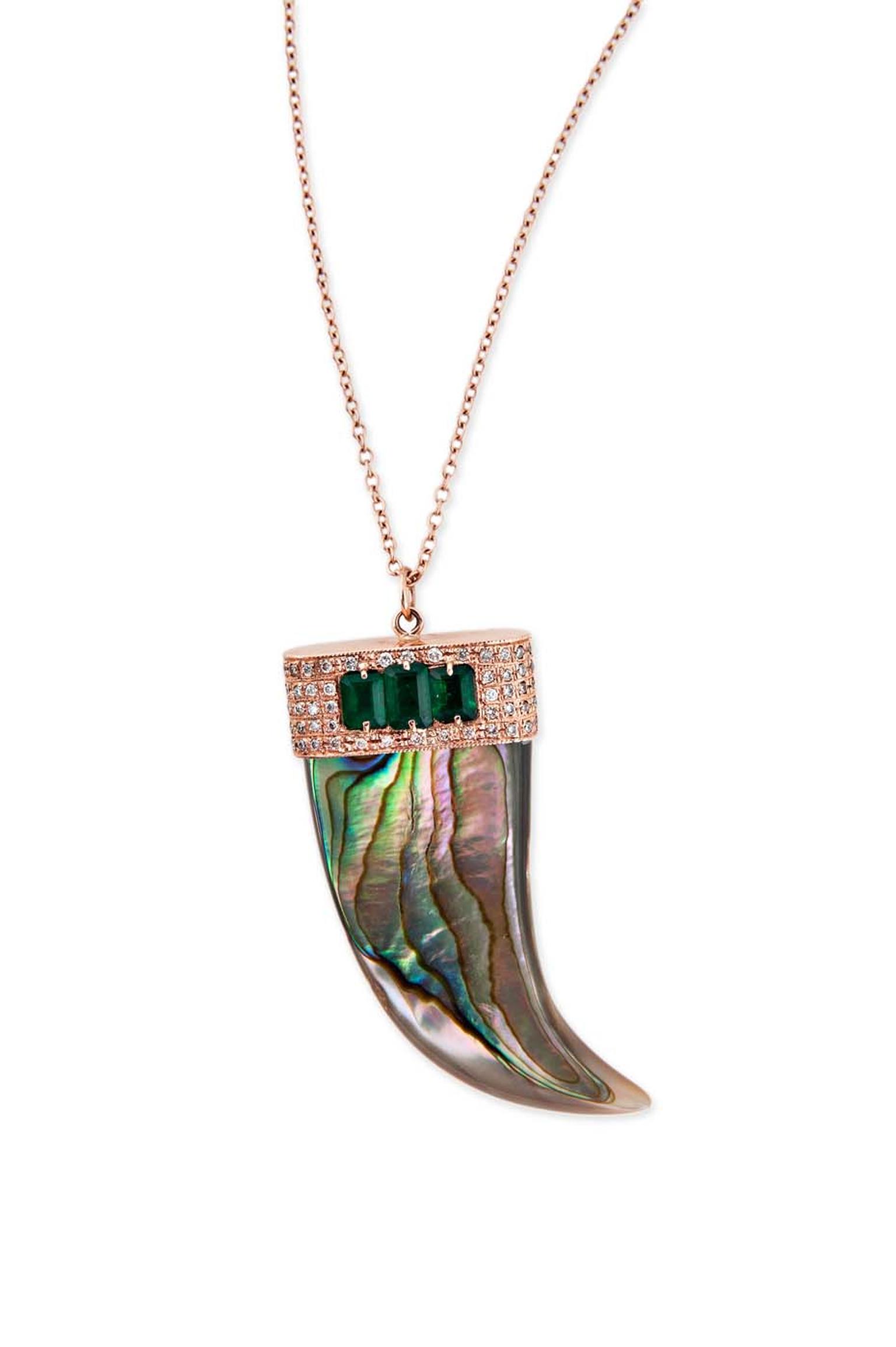 Jacquie Aiche's recent Gemfields collaboration includes a necklace of abalone horn embellished with emeralds and white diamonds.