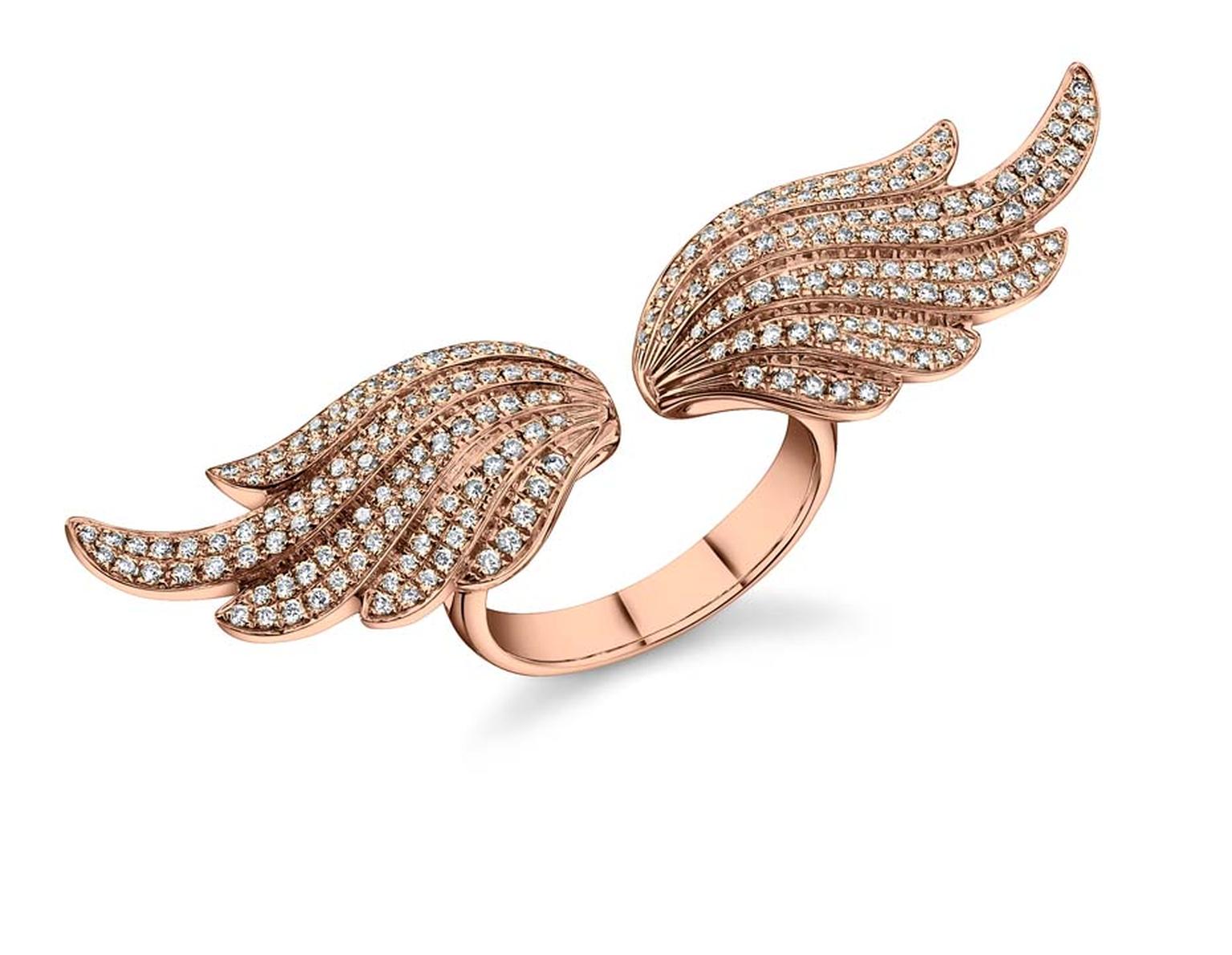 Anita Ko Double Wing ring in rose gold with diamonds.