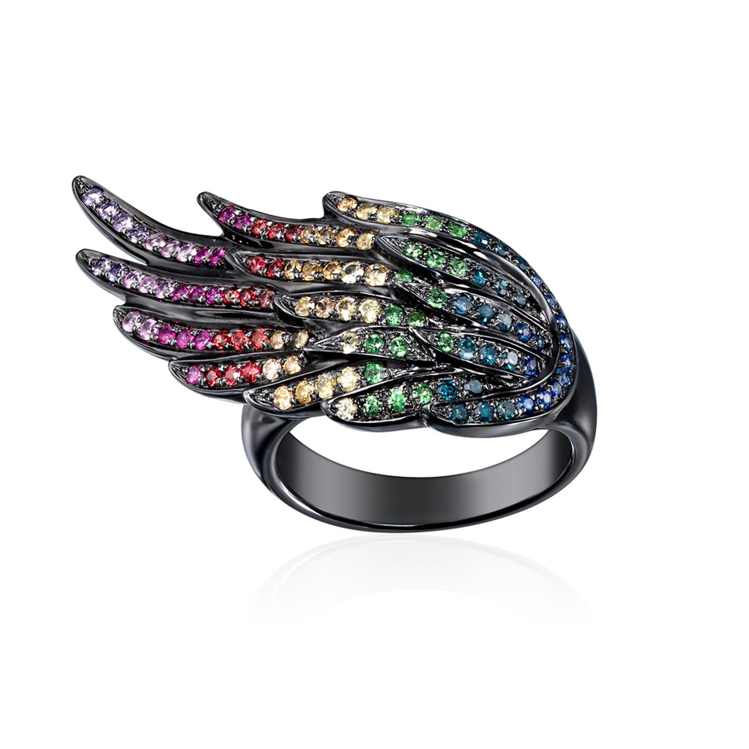 AS29 by Audrey Savransky black rhodium plated pinky Wing ring set with multi-coloured sapphires.