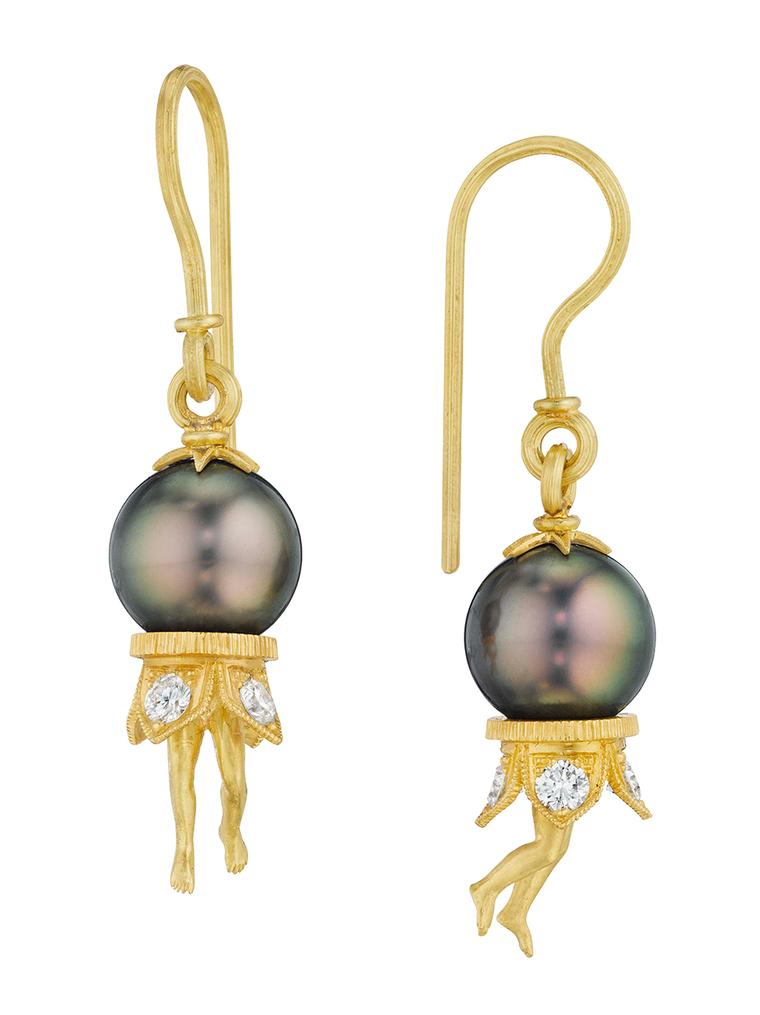 Anthony Lent Tahitian pearl Bosch earrings in gold with diamonds.