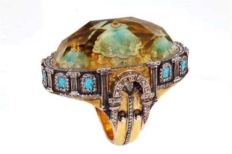 Sevan Bicakci one-of-a-kind gold and sterling silver ring featuring an inversely carved citrine centre stone representing Turkish architecture (the Blue Mosque) surrounded by diamonds.