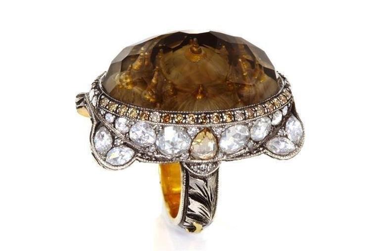Sevan Biçakçi one-of-a-kind gold and sterling silver ring featuring an inversely carved smokey topaz centre stone depicting Turkish architecture widely found in Istanbul (the Hagia Sophia) surrounded by diamonds.