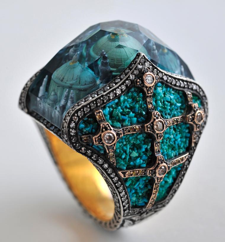 Sevan Biçakçi gold and silver Scheherazade's Palace ring featuring diamonds, mosaic with turquoise tesserae and a blue tourmaline with an inversely engraved intaglio.