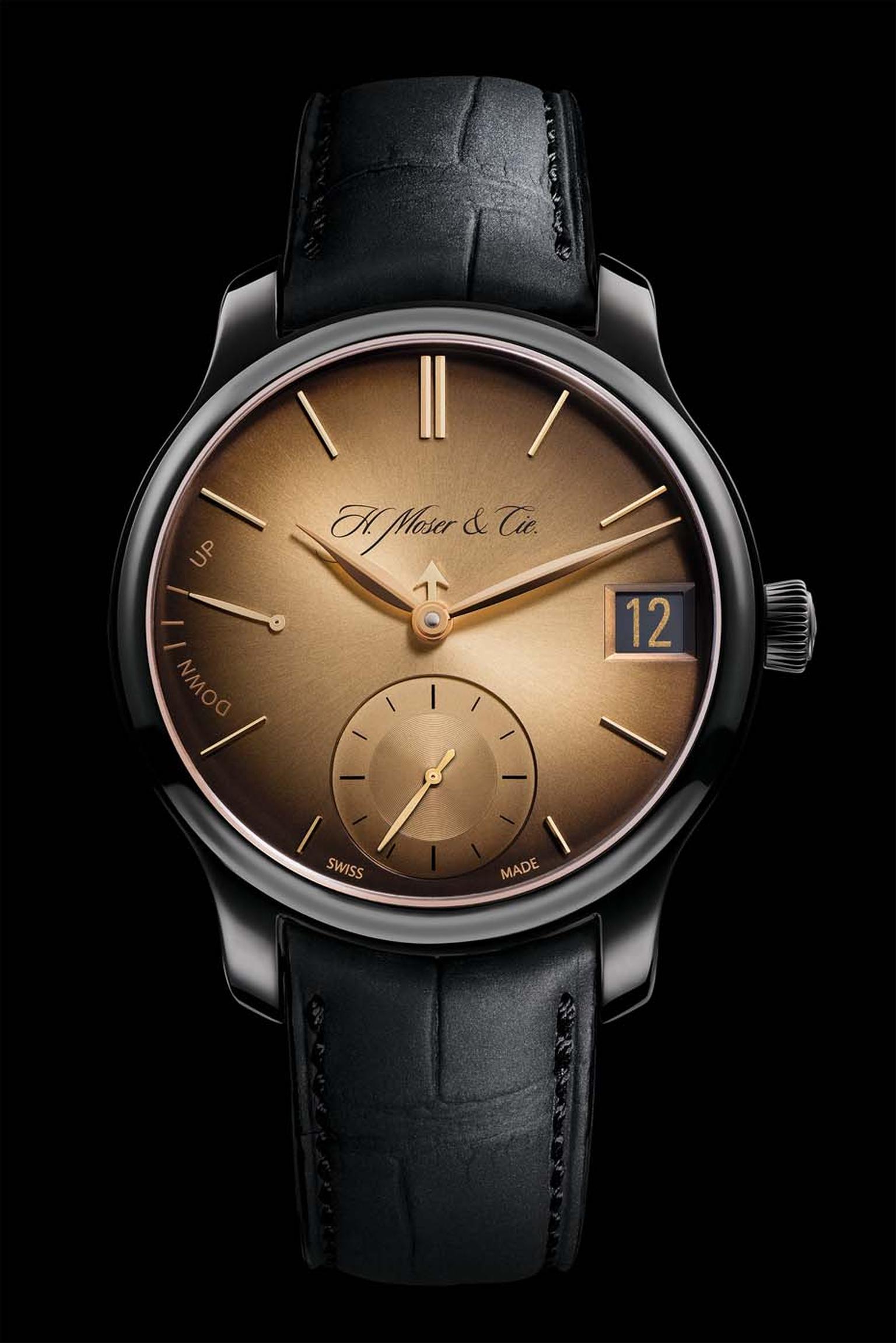 H. Moser & Cie features all the functions of a complicated perpetual calendar with a discreet short arrow anchored between the hour and minute hands acting as a month indicator.