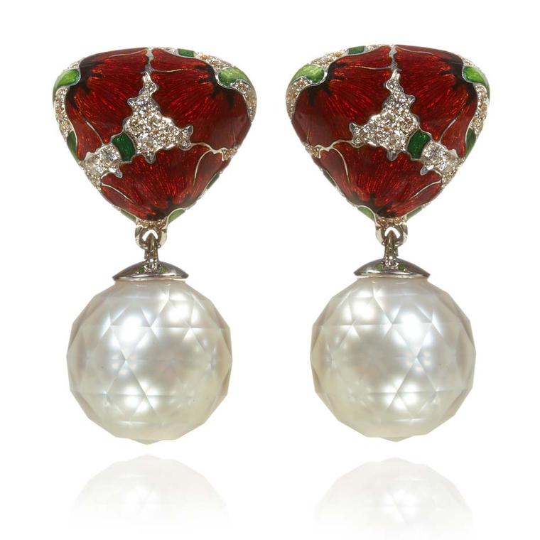 Ilgiz for Annoushka Poppies earrings in yellow gold with enamelled poppies, diamonds and faceted pearl, all created using an array of intricate techniques including filigree, engraving, embossing and enamelling.