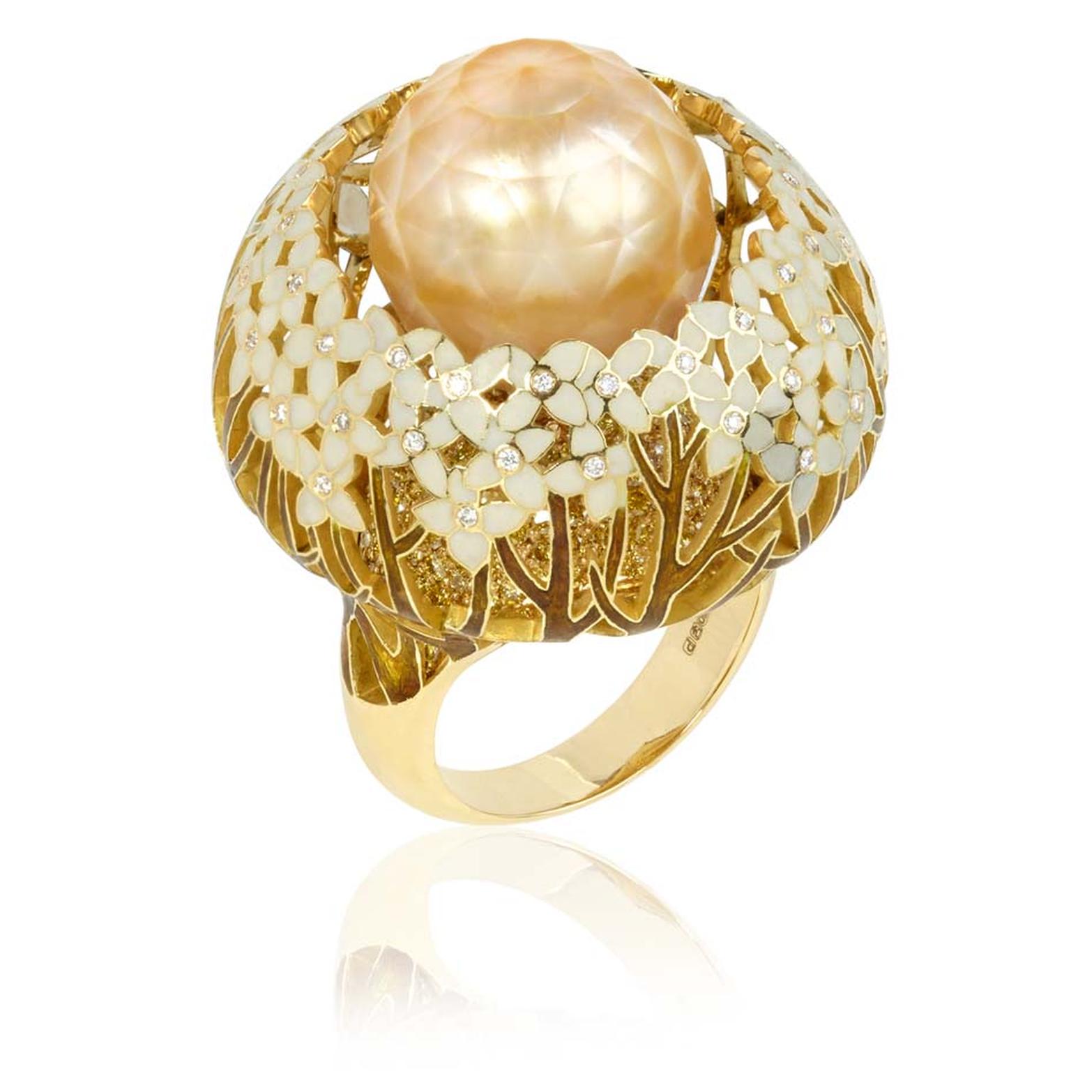 Ilgiz for Annoushka Hortensia gold ring featuring enamelled flowers with yellow and white diamonds surrounding a faceted pearl (£28,500).