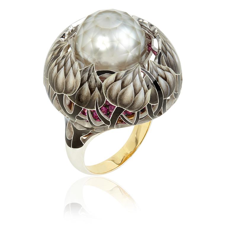 llgiz for Annoushka Burdock ring features flowers which climb up a ruby-covered base towards the central pearl in an innovative design.