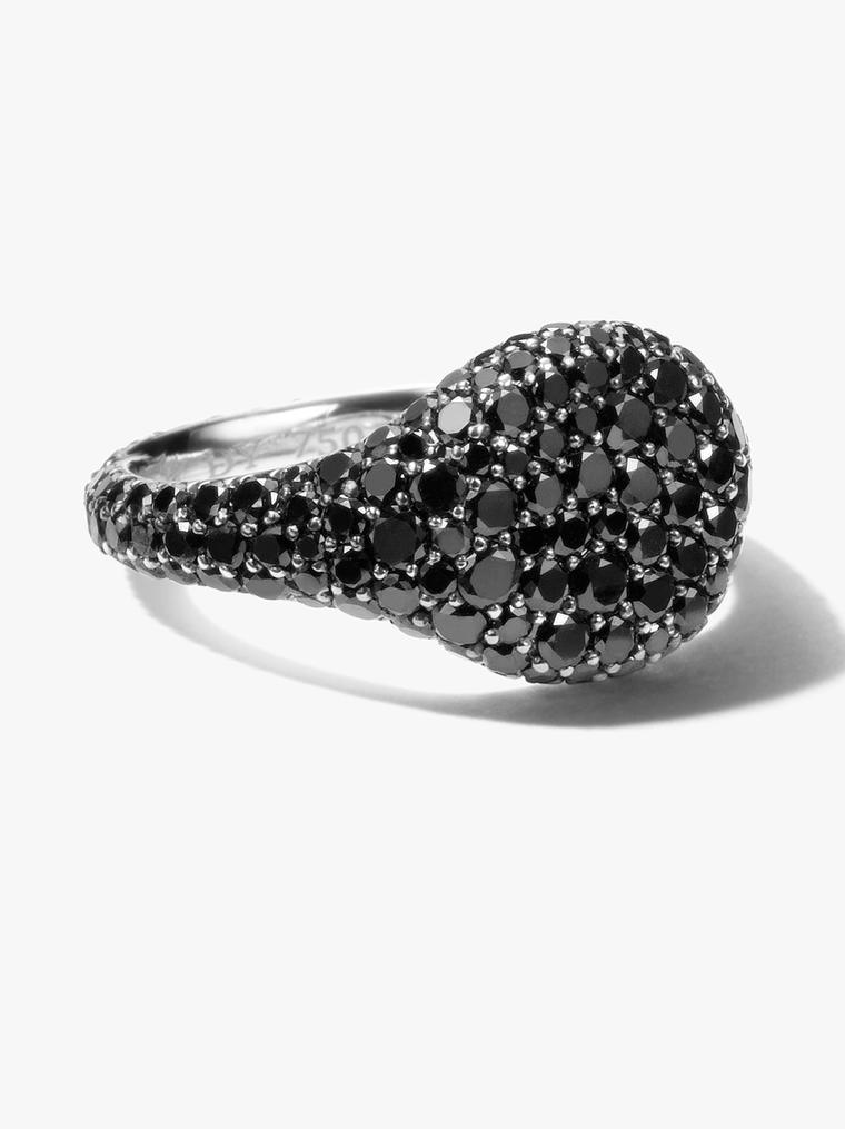 David Yurman Petite Pavé Pinky ring from Yurman’s signature line combines white gold with 1.80ct of pavé black diamonds.