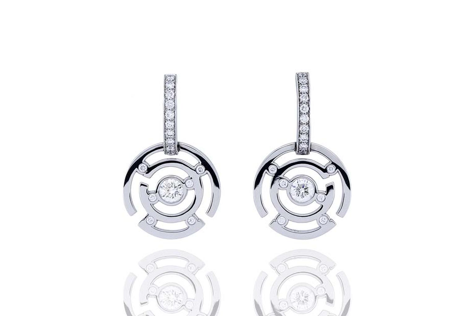 Boodles Maze collection diamond drop earrings in white gold.