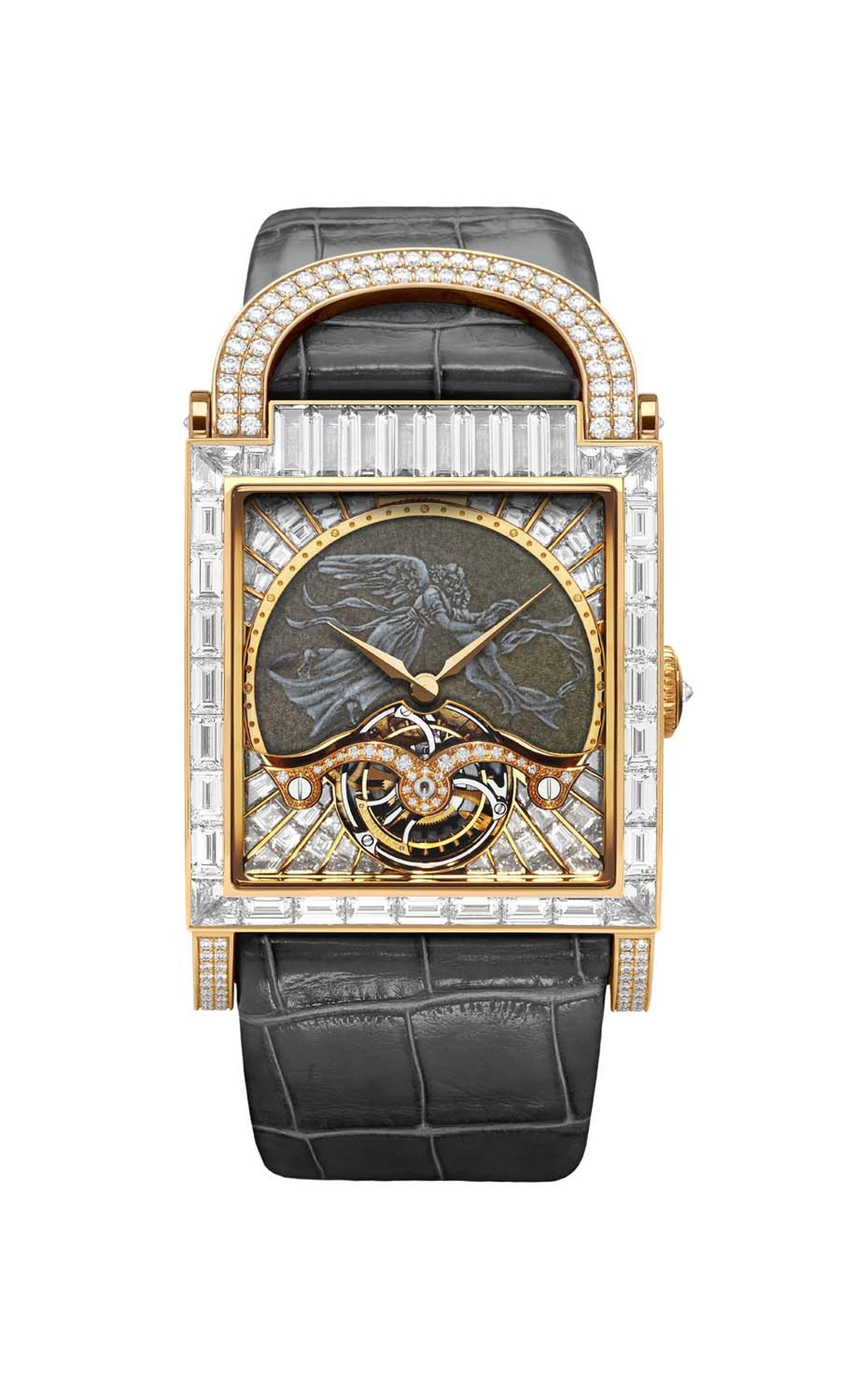 DeLaneau's Angel watch features a grand feu enamel dial depicting an angel, framed by large baguette-cut diamonds. Inside the red gold case is a manual-winding movement that animates the hours, minutes and elegant tourbillon at 6 o'clock.