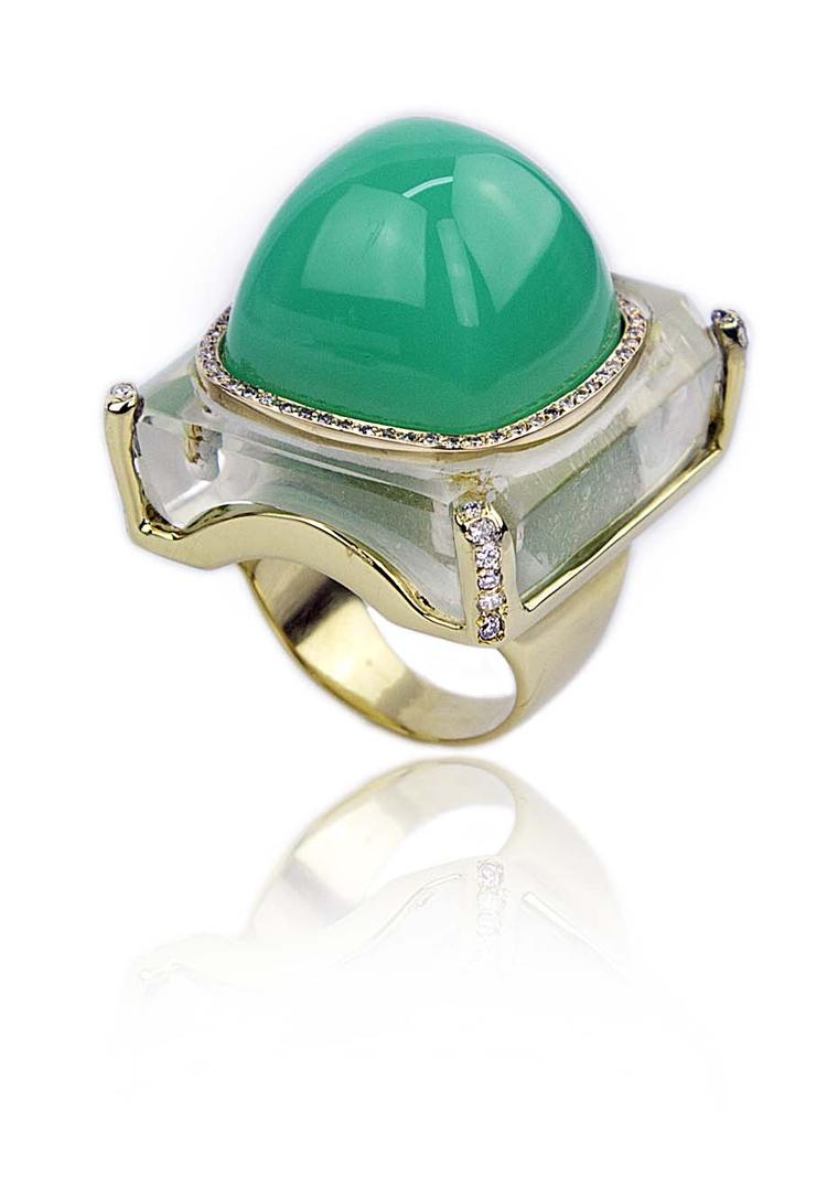 Kara Ross Cava ring with a central cabochon chrysoprase set into rock crystal.