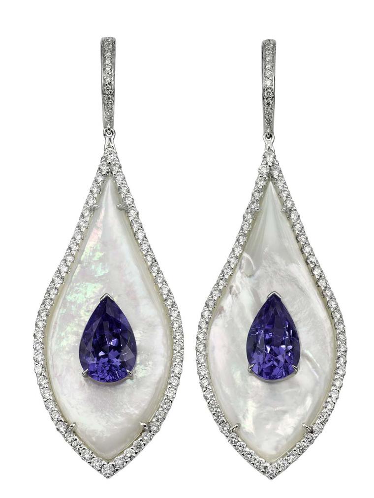 Bogh-Art earrings featuring inlaid pear-shaped tanzanites set into milky white mother of pearl.