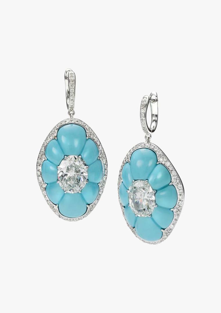 Bogh-Art drop earrings featuring two oval diamonds inlaid into turquoise surrounded by diamond melées.