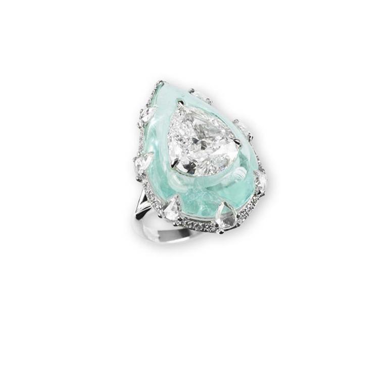 Bogh-Art white gold ring with a 3ct pear-shaped diamond inlaid into a light green Paraiba tourmaline.