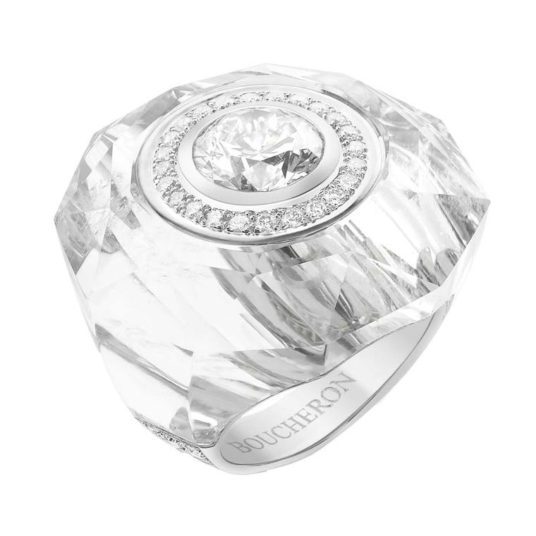 Another Boucheron Trésor de Perse ring features an inlaid diamond set into carved rock crystal, surrounded by diamonds.