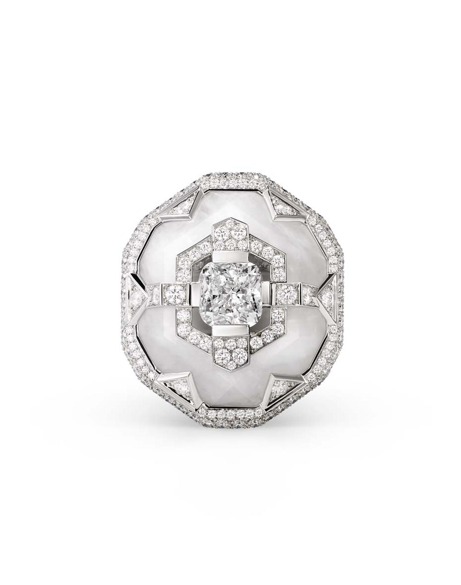 Chaumet's Lumieres d'Eau ring features a cushion-cut diamond sitting on top rock crystal, surrounded by brilliant-cut and troidia-cut diamonds.