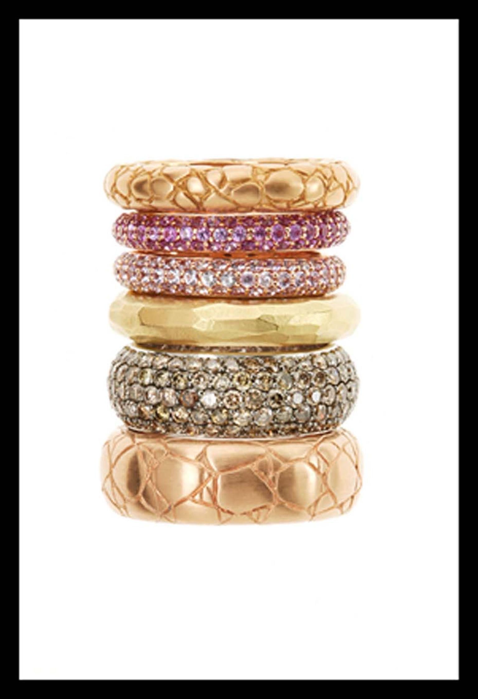 Elena Carrera pink and yellow gold rings featuring white and brown diamonds.
