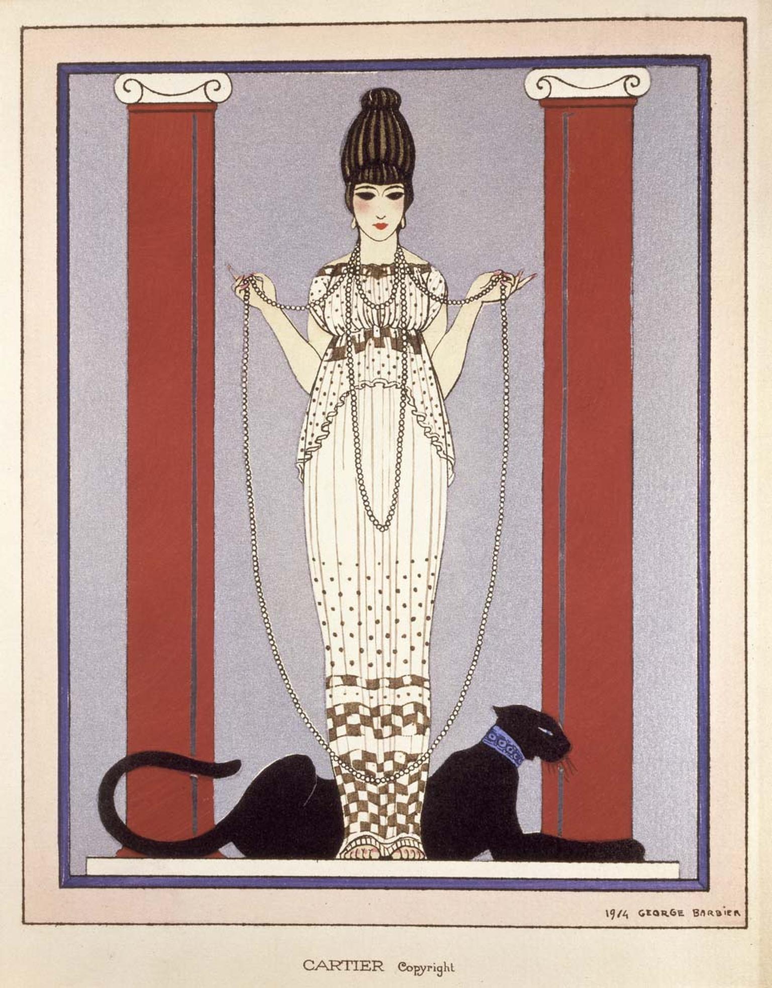 Cartier invitation card by Georges Barbier. The design was later used for advertising in the 1920s and depicts a woman in a Poiret gown with a black panther at her feet.
