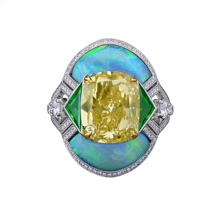 Morelle Davidson's Art Deco ring features a fancy intense yellow diamond surrounded by green triangular-cut tsavorite garnets and shimmering opals.