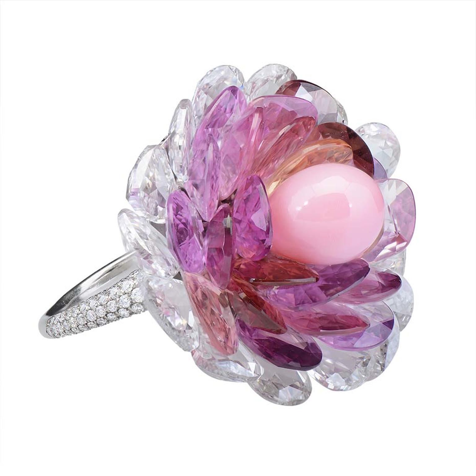 Morelle Davidson's one-of-a-kind platinum ring features a rare conch pearl surrounded by pink sapphire and rose-cut diamond petals.