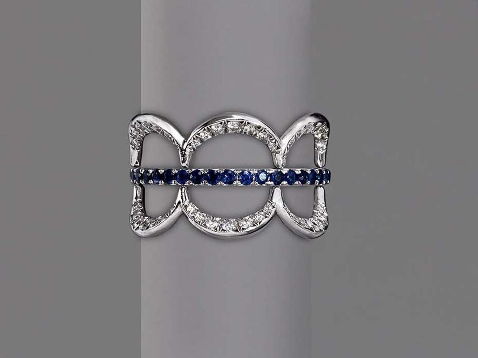 Jado Crown ring in white gold with diamonds and sapphires.