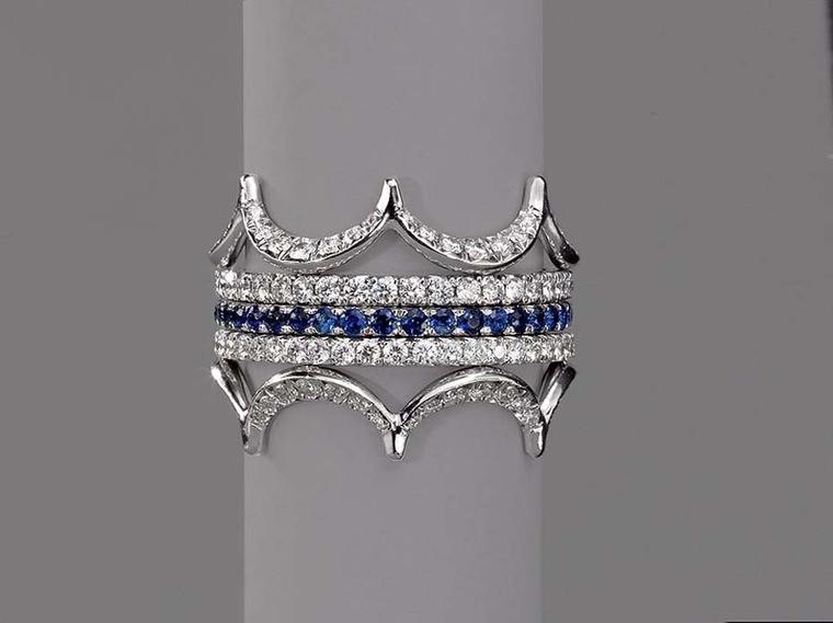Jado's Crown rings were recently exhibited at Couture Fashion Week in New York. Pictured is the Jado Crown in white gold with diamonds and sapphires.