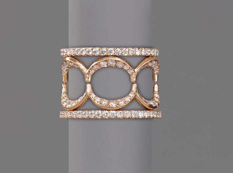 Jado Crown collection rose gold interlocking ring with diamonds.
