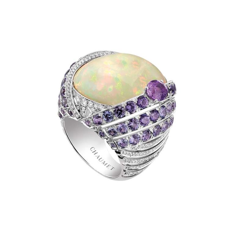 Chaumet Lumieres d’Eau high jewellery ring in white gold, set with a 18.58ct cabochon-cut white opal from Ethiopia, an oval-cut violet sapphire, round violet sapphires and brilliant-cut diamonds.