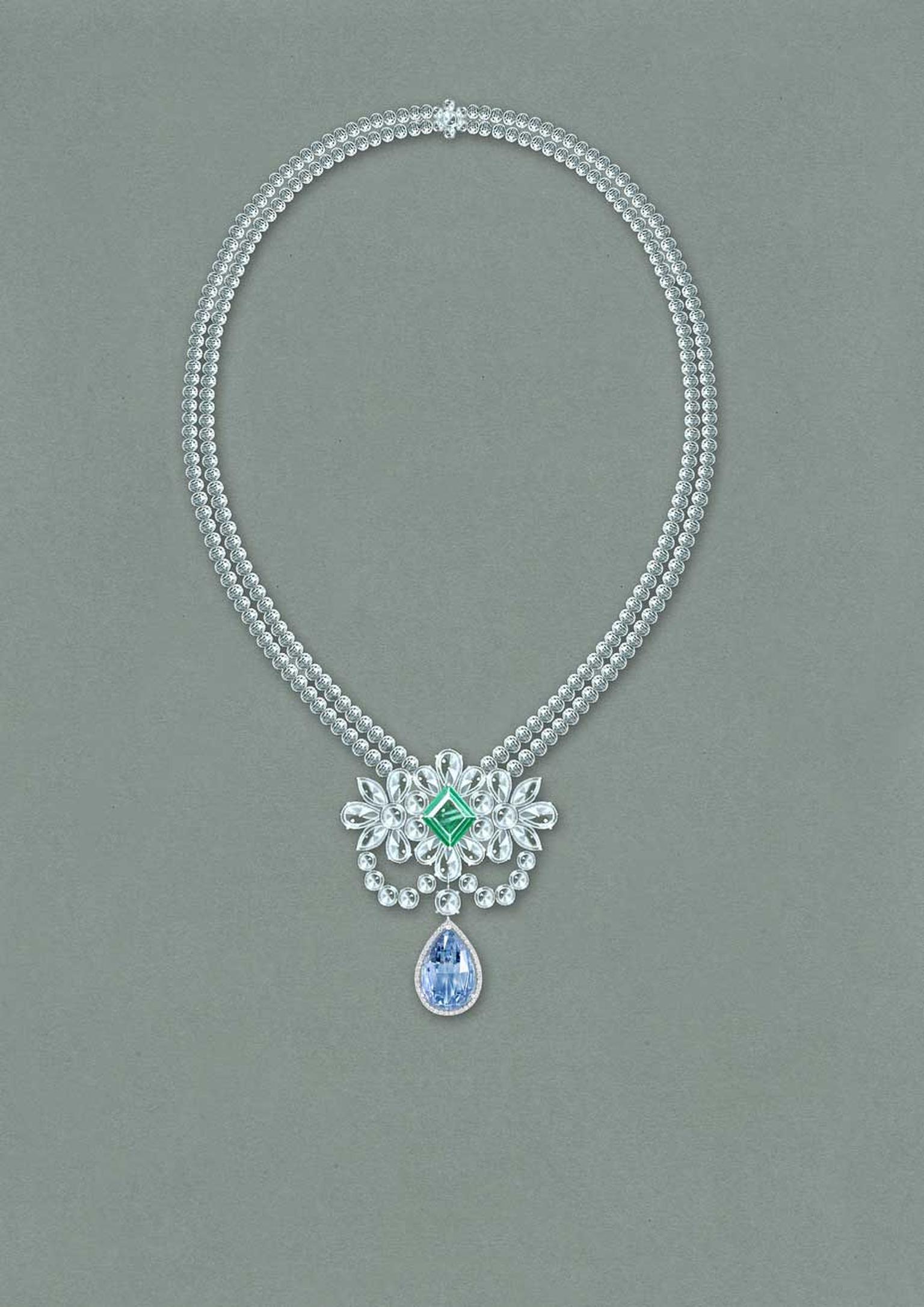 Graff's Le Collier Bleu de Reve necklace features a 10.47ct Fancy Vivid Blue Internally Flawless briolette diamond, above which sits a stunning 4.22 carat old-mine Colombian emerald. The necklace is composed of 192 faceted beaded diamonds.