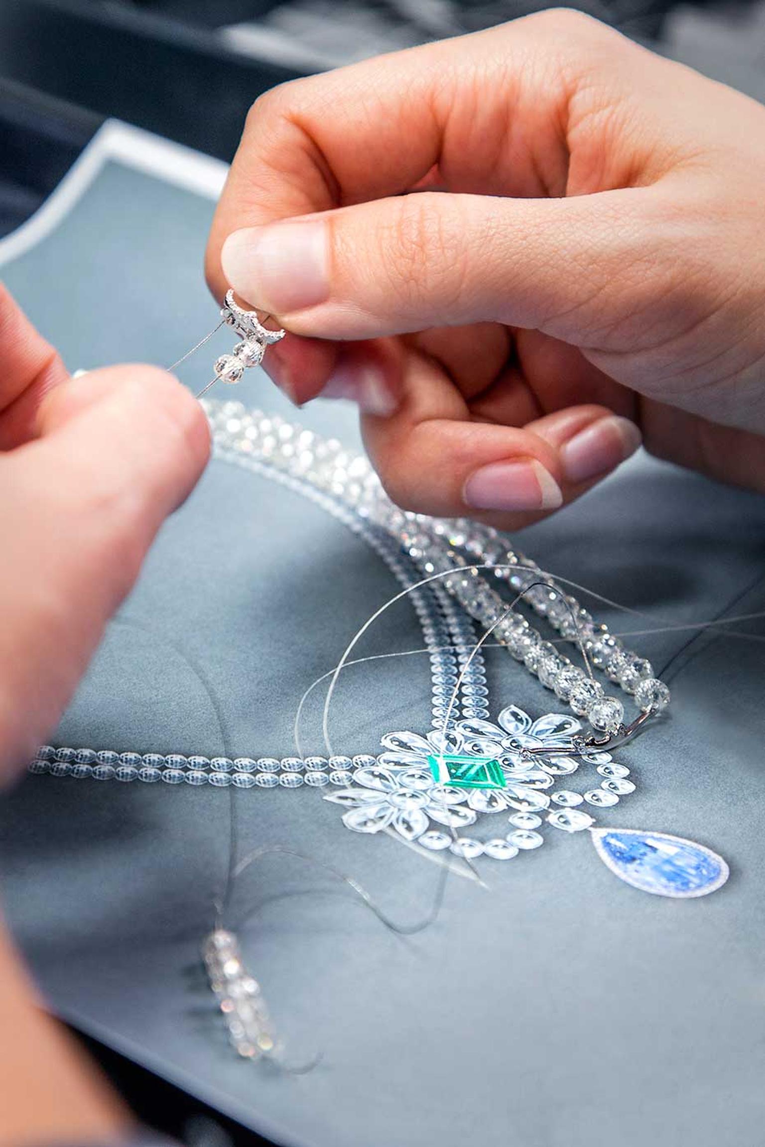 Faceted diamond beads are threaded to form the necklace of the Graff Le Collier Bleu de Reve, which will be on show for the first time at the 2014 Biennale de Paris this week.