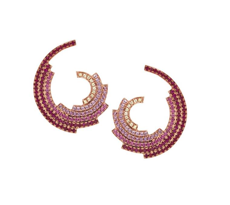 Ruifier rose gold Galaxy earrings with a curve of pink sapphires, yellow sapphires and rubies.
