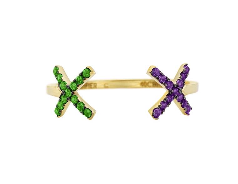 Ruifier gold Visage Cross ring with tsavorites and amethysts.