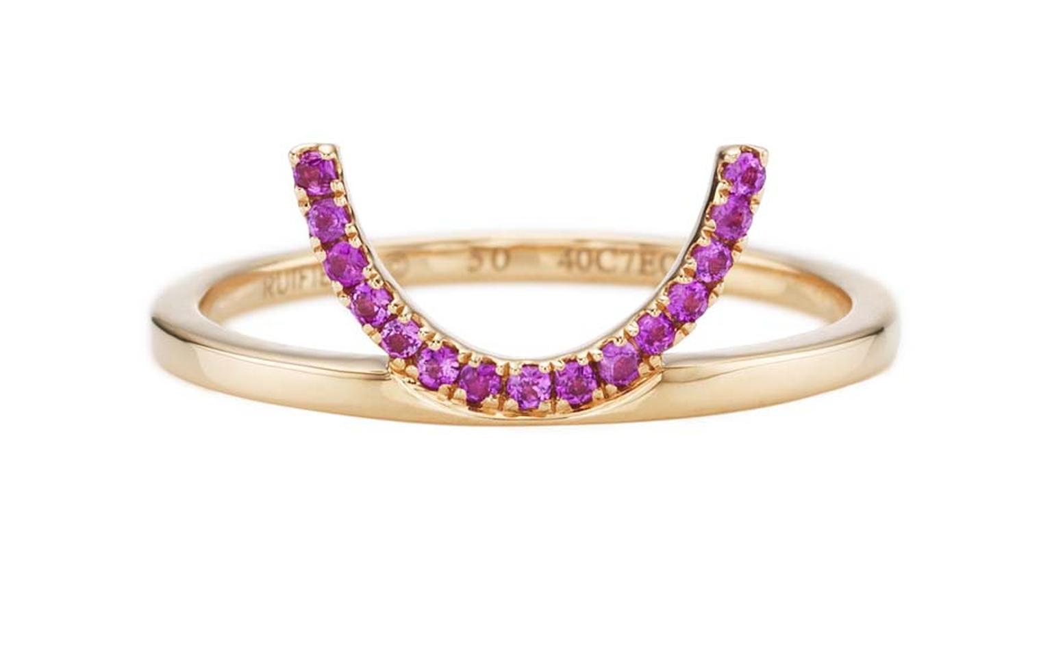 Ruifier rose gold Visage Crescent ring with pink sapphires.