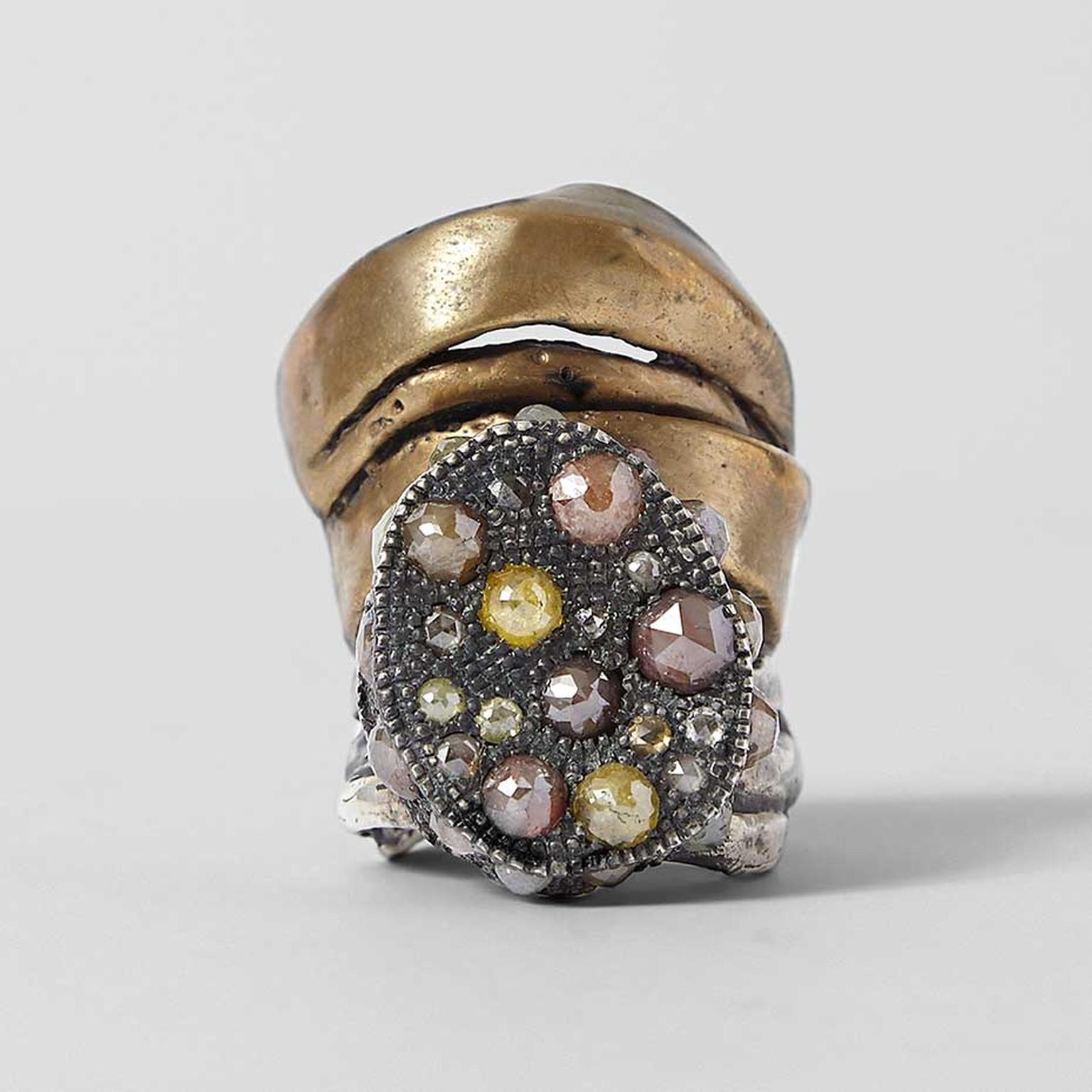 Michelle Lamy and Loree Rodkin Hunrod ring in silver, brass and black rhodium, set with multi-coloured diamonds. Available exclusively from Dover Street Market.
