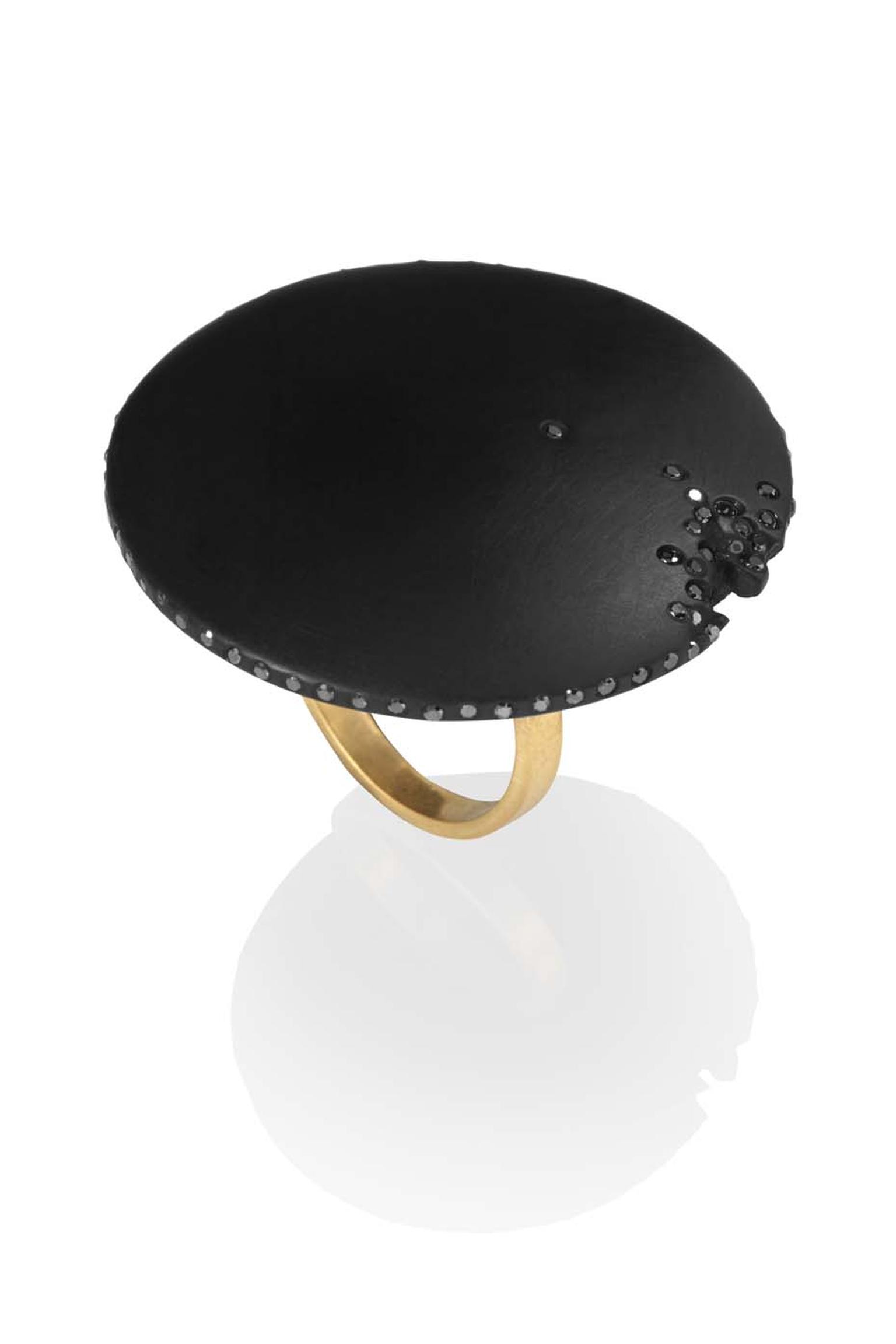 Jacqueline Cullen Black Diamond Disc cocktail ring crafted from Whitby jet.