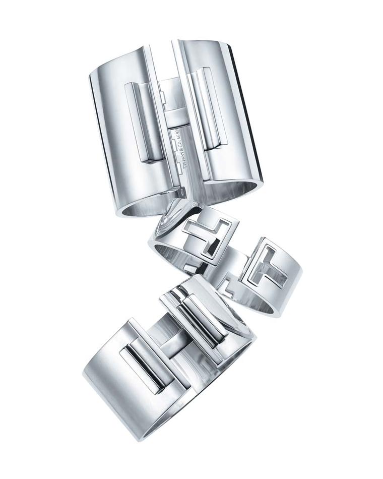 Tiffany and Co. Tiffany T bar hinged cuffs in sterling silver.