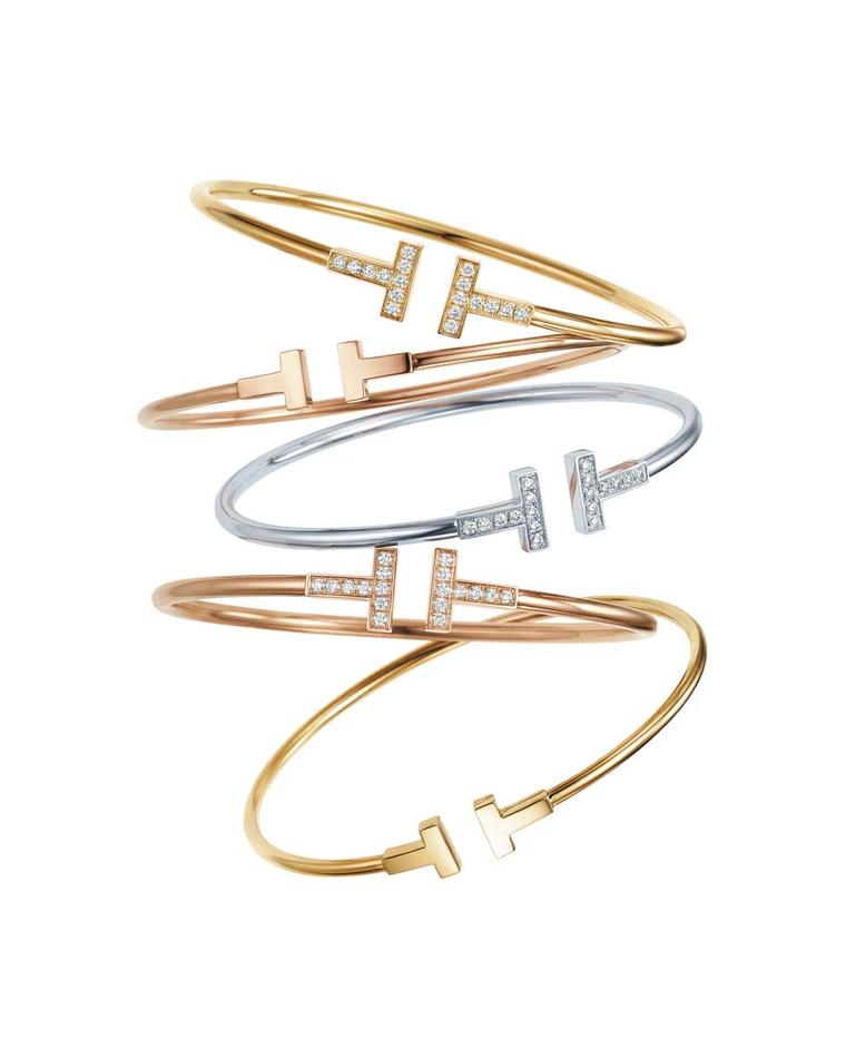 Tiffany and Co. Tiffany T collection wire bracelets in rose, yellow and white gold, as well as sterling silver. Some of the pieces are also embellished with diamonds, reminiscent of the twinkling lights of NYC.