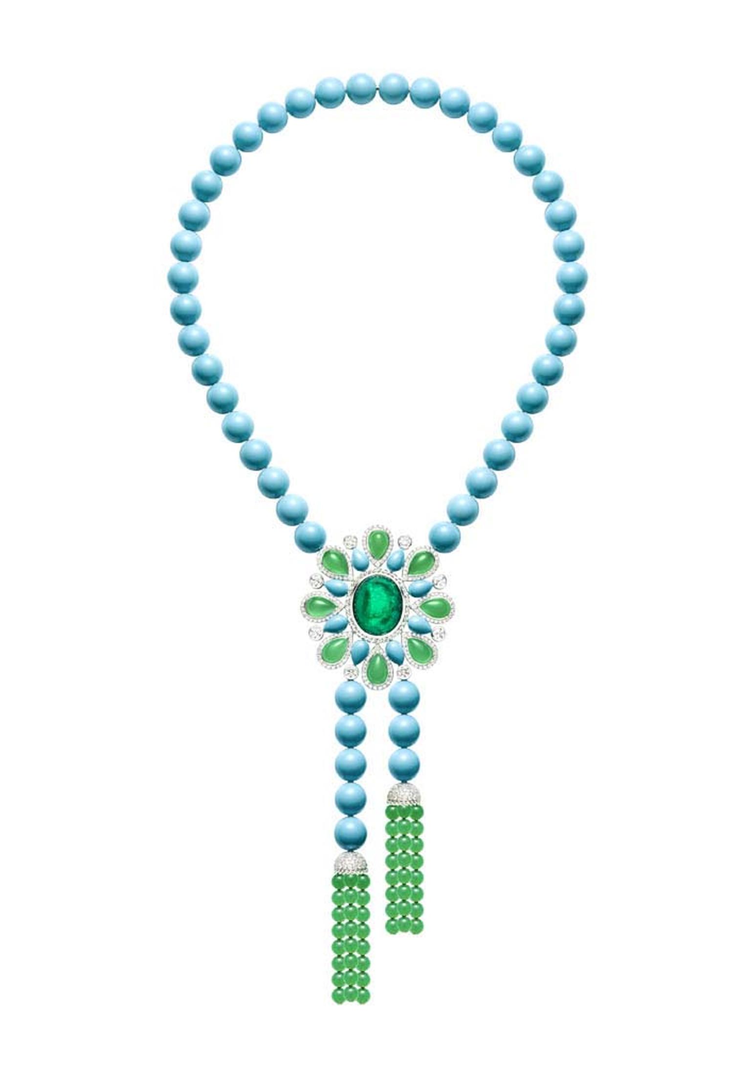 Extremely Piaget collection necklace in white gold set with 301ct turquoise beads, 42ct chrysoprase beads, a 23.14ct emerald cabochon, pear-shaped chrysoprases and turquoises and brilliant-cut diamonds.