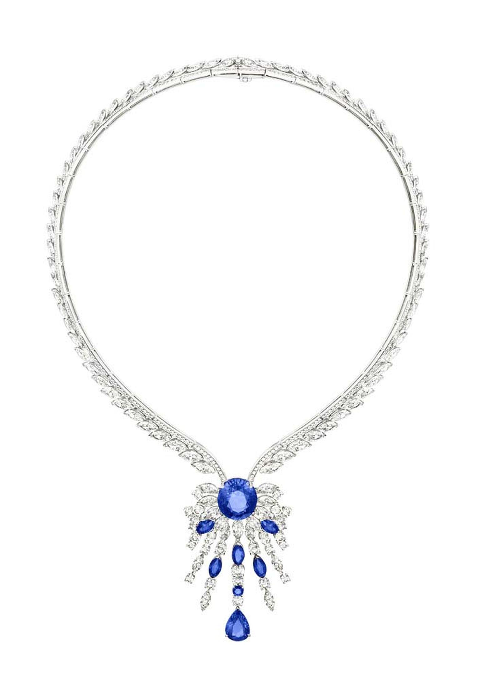 Extremely Piaget collection necklace in white gold set with 23.11ct marquise-cut diamonds, a 14.28ct oval-cut blue sapphire, brilliant-cut diamonds, marquise-cut blue sapphires, a pear-shaped blue sapphire and a brilliant-cut blue sapphire.