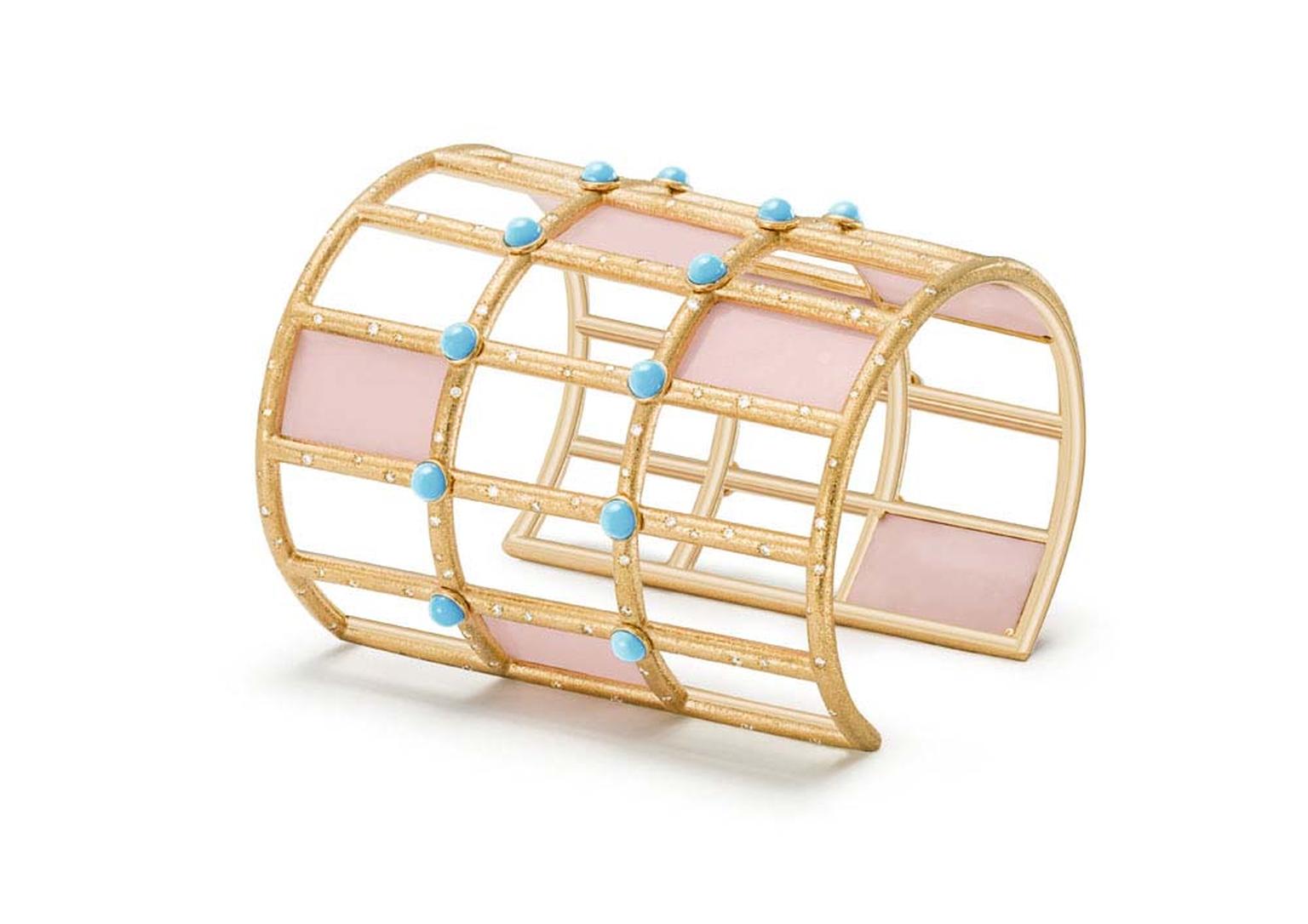 Extremely Piaget cuff bracelet in pink gold set with pink opal plates, turquoise beads and brilliant-cut diamonds.