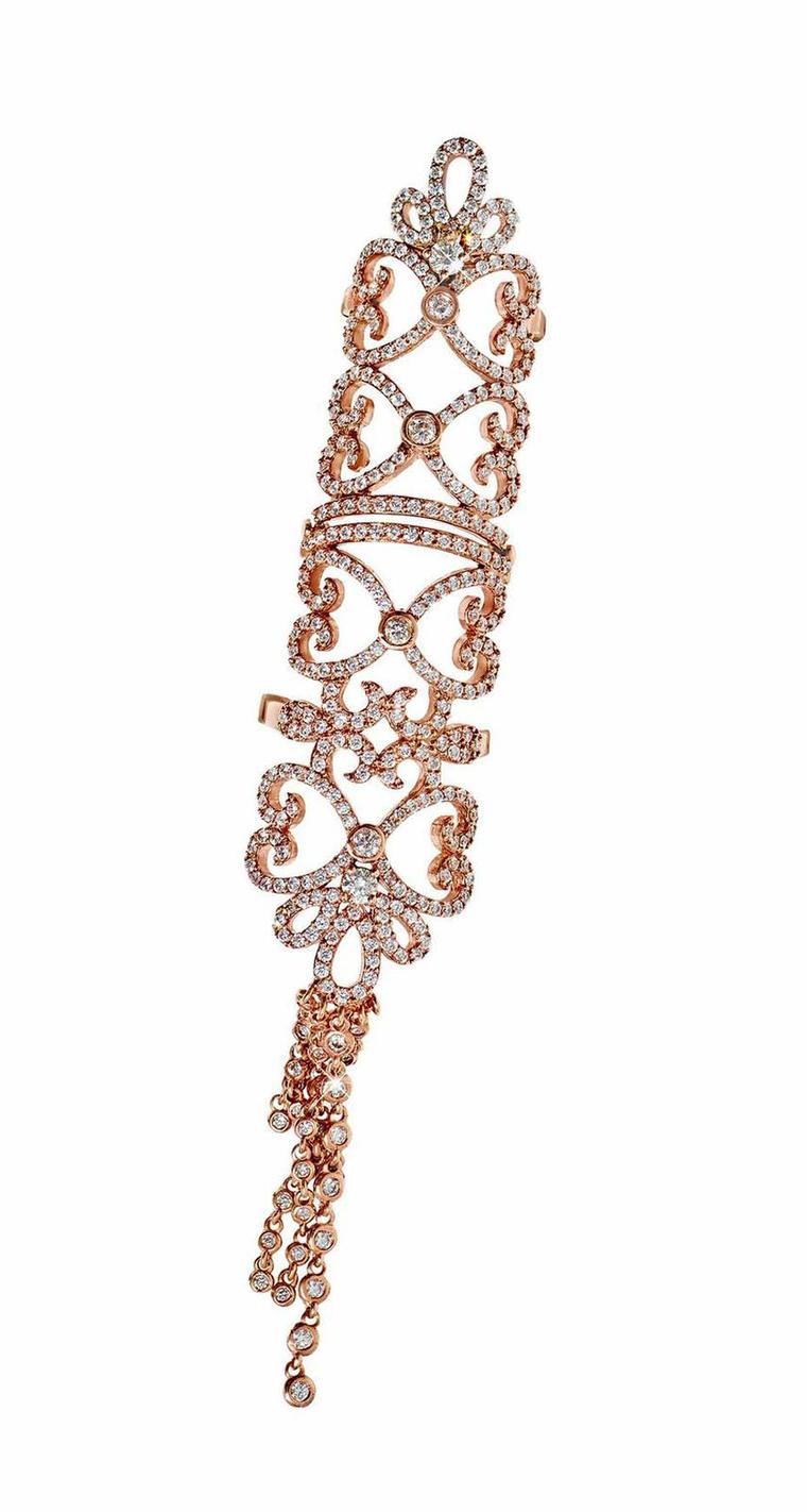 Noudar Jewels pink gold Tassel ring with diamonds.