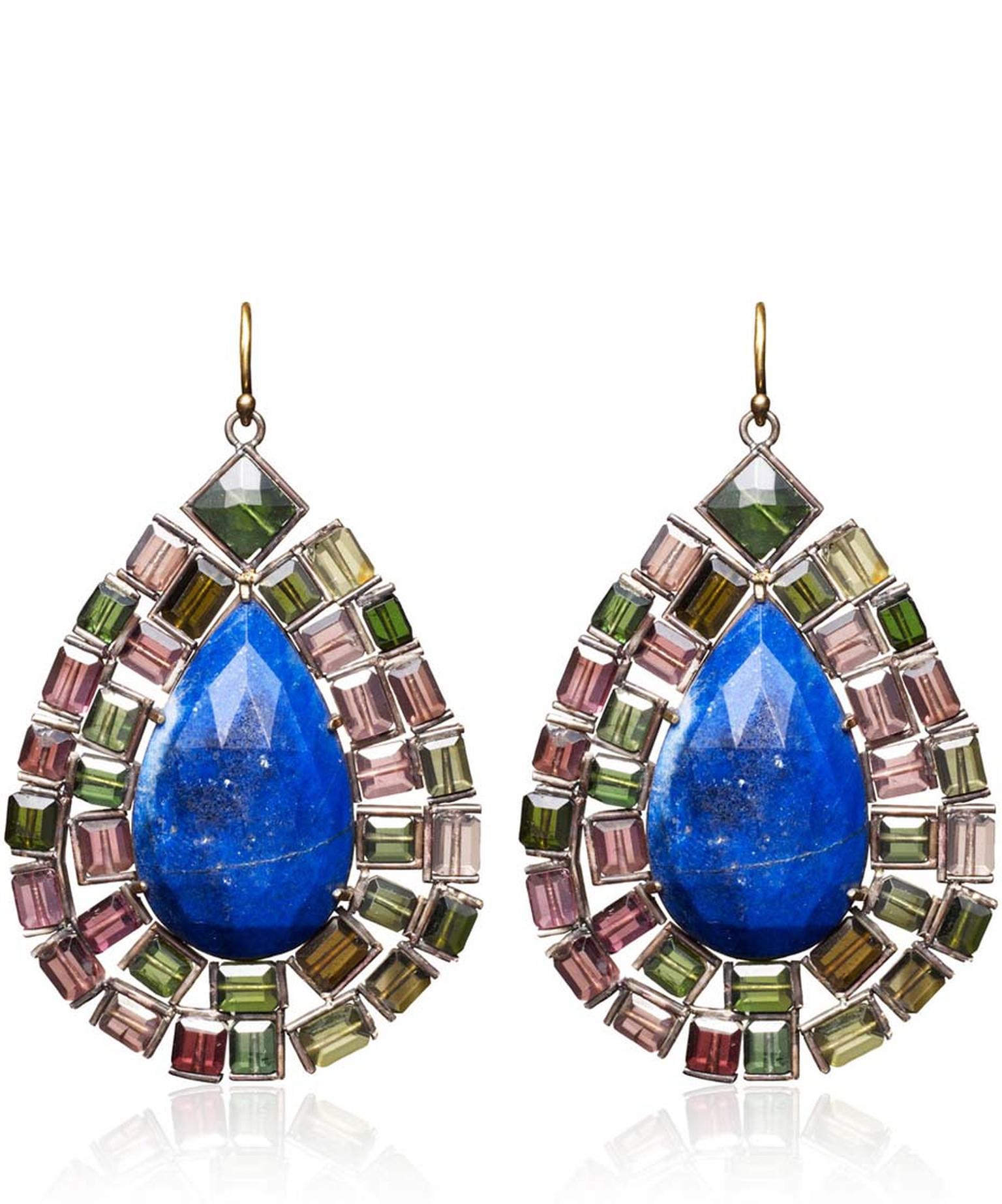 Nak Armstrong drop earrings set with green and pink tourmaline and lapis lazuli (£2,565).