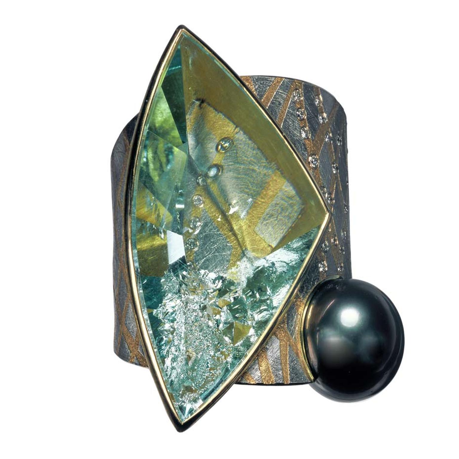 Atelier Zobel ring in platinum and gold, set with an aquamarine, Tahitian pearl and champagne diamonds.