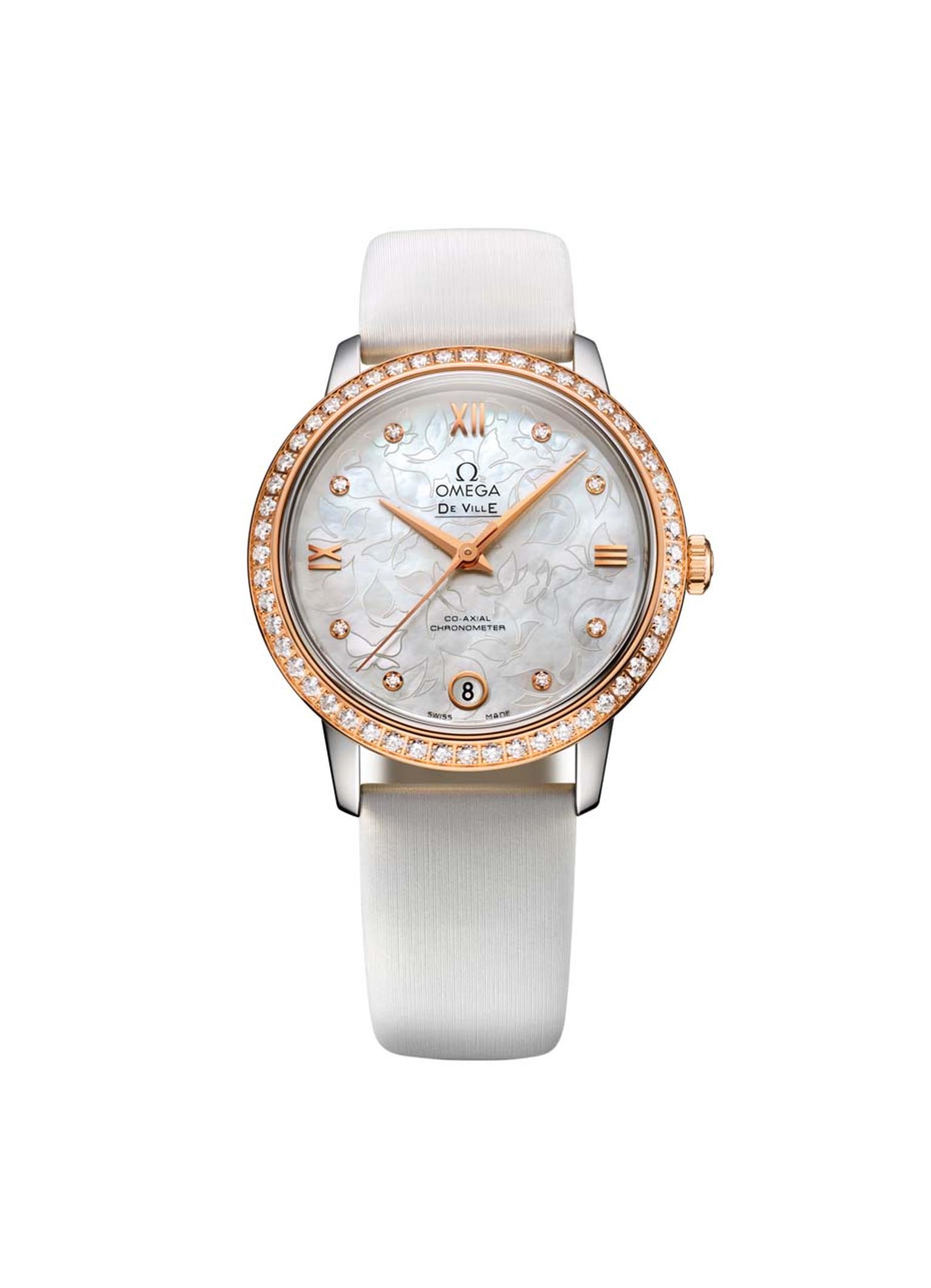 Graceful and feminine with its sprinkling of diamonds, white mother-of-pearl dial and butterfly pattern background, the Omega De Ville Prestige Butterfly watch features a 32.7mm case housing Omega’s famous Co-Axial calibre 2500, which is COSC-certified as