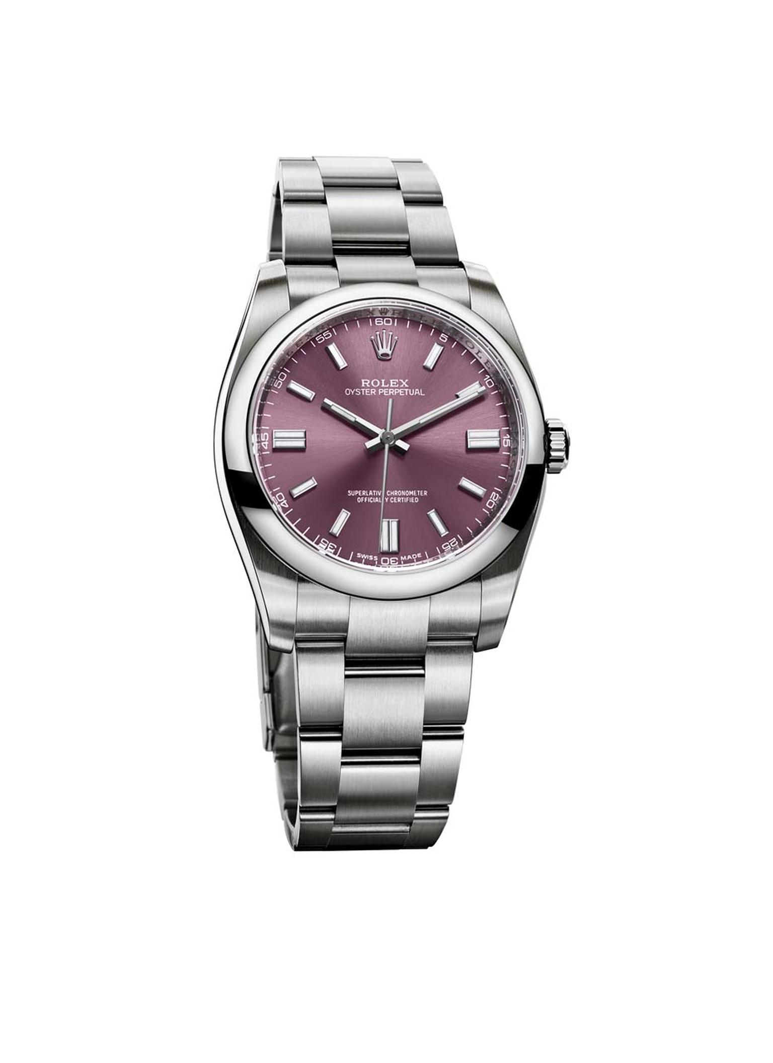 The Rolex Oyster Perpetual watch is the purest expression of the Oyster. The Perpetual model offers a clear, accurate time display against the red grape dial.