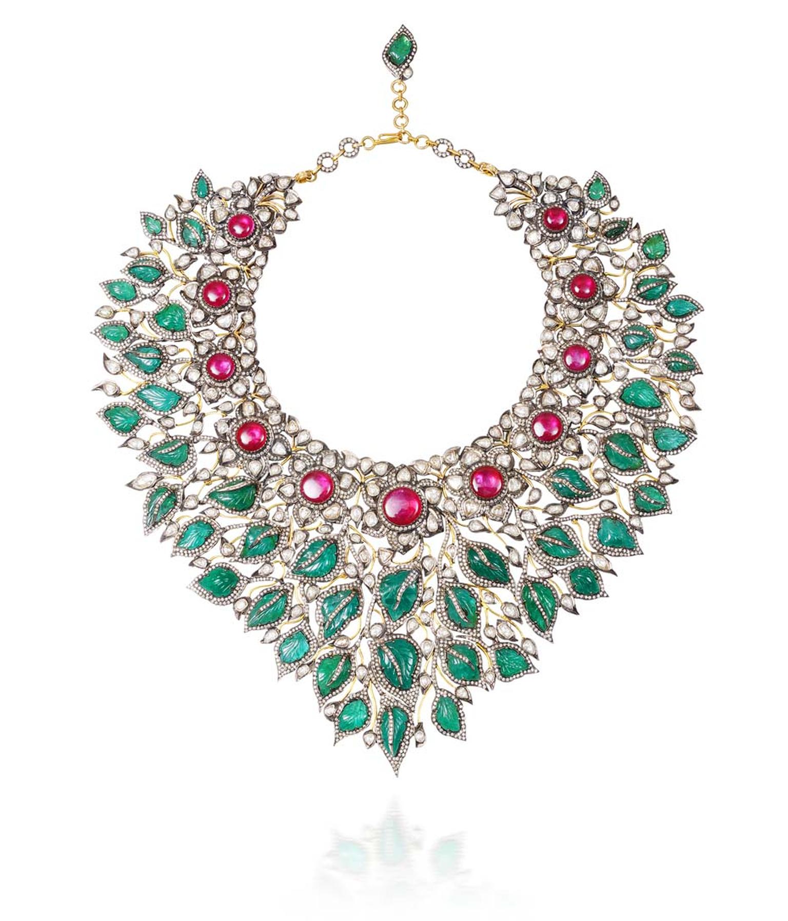 Amrapali neckpiece or "Sadabahar", made for Project Blossoming using Gemfields Zambian emeralds and rubies from Mozambique.